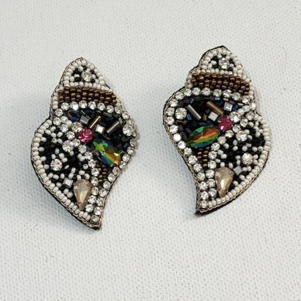Handmade Beaded Seashell Stud Earrings Nautical Rhinestone Crystal Beachy Large